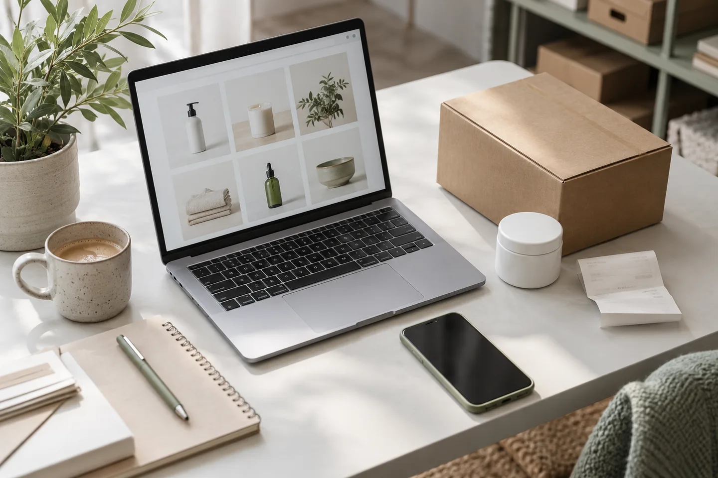 Laptop displaying a product catalogue beside a shipping box and smartphone