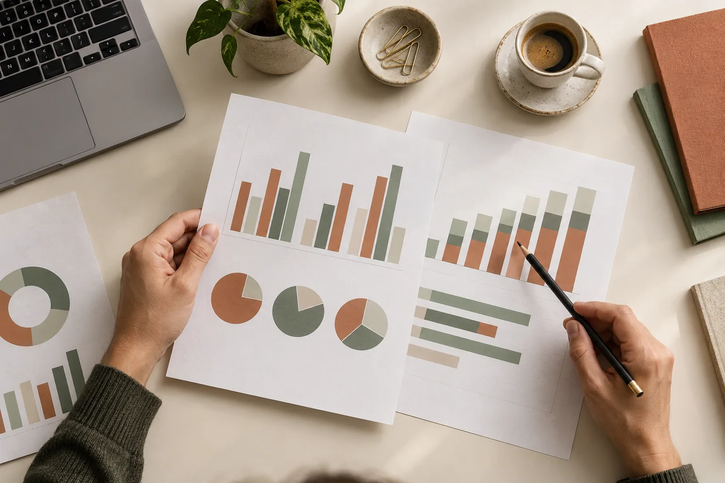 Reviewing advertising reports with printed charts and a laptop